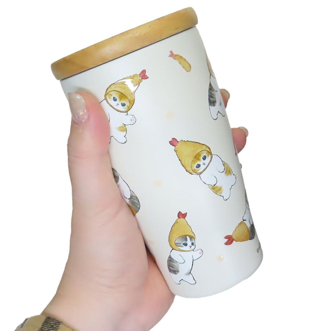 mofusand Insulated Cup with Wooden Lid Stainless Steel Tumbler 350ml - Ebi Nyan