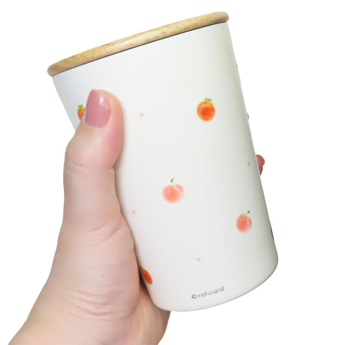mofusand Insulated and Cold Retention Cup 2WAY Vacuum Double Tumbler M with wood lid 400ml Peach Nyan